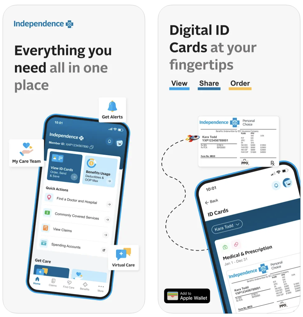 Independence mobile app showing healthcare services and digital ID cards interface
